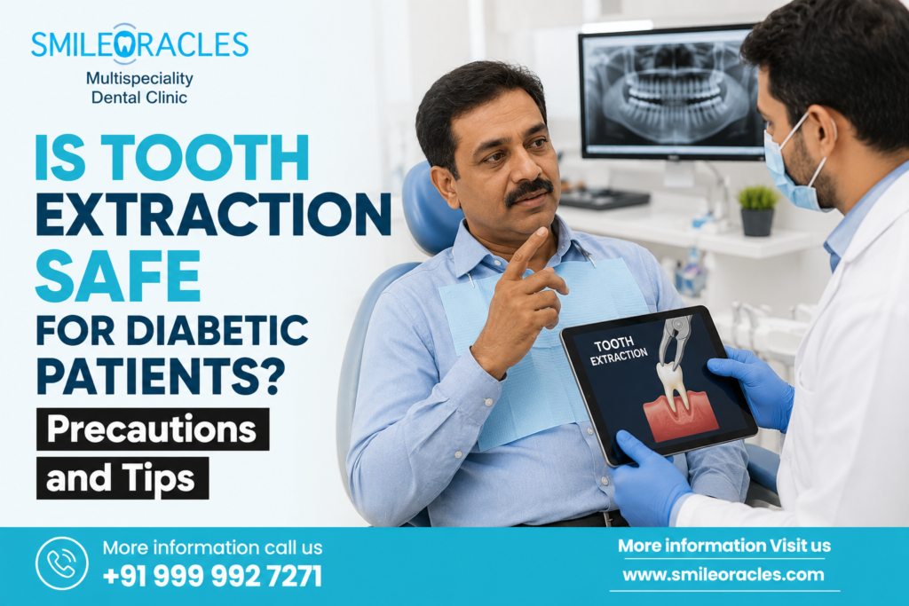Dentist explaining safe tooth extraction procedure and aftercare guidance for a diabetic patient in a modern dental clinic.